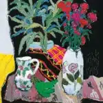 龎均（B.1936）黑背景前的紅花綠葉